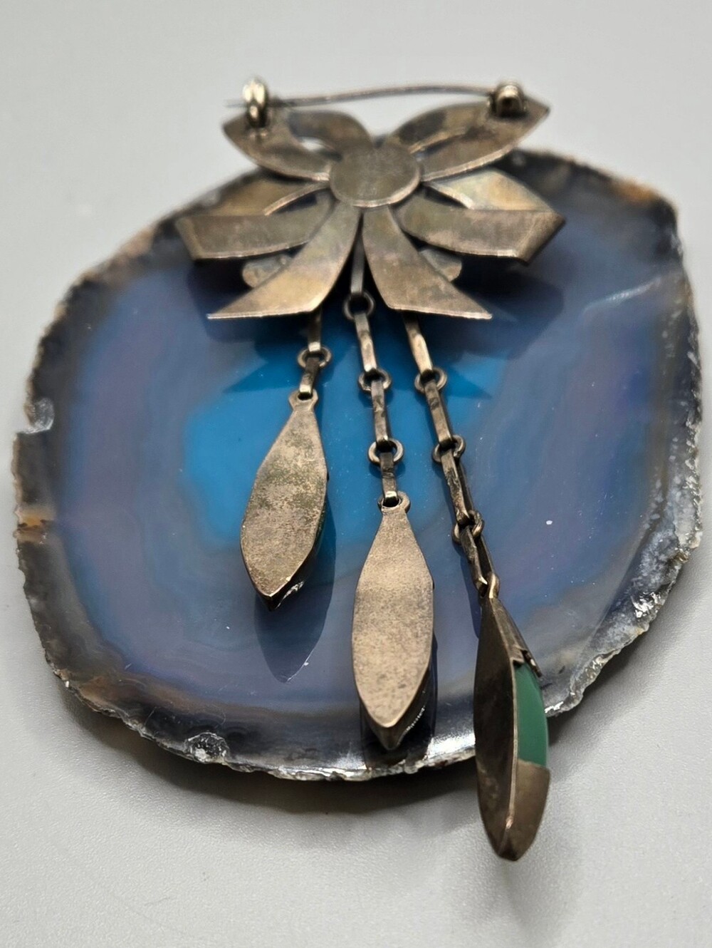 Taxco Mexico Quinto 925 Brooch Sterling Silver w/ Green Cabochons Vintage - Picture 3 of 8